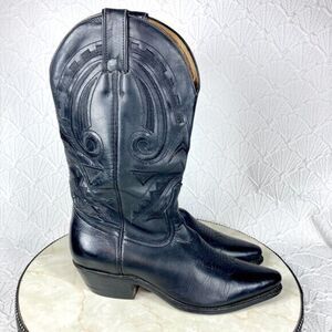 Boulet Western Boots Black Leather Embroidered Cowboy Cowgirl Pull On Midcalf